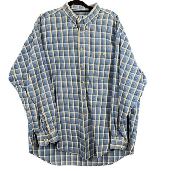 IZOD Button Front Men's Shirt Cotton Blue Gold Yellow Plaid Size XL - Picture 1 of 8